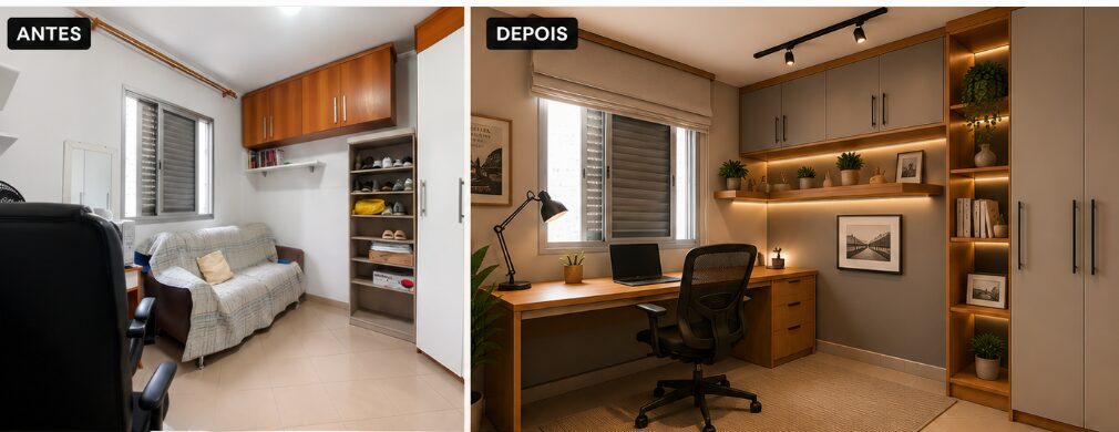 Quarto antes e depois transformado em home office planejado