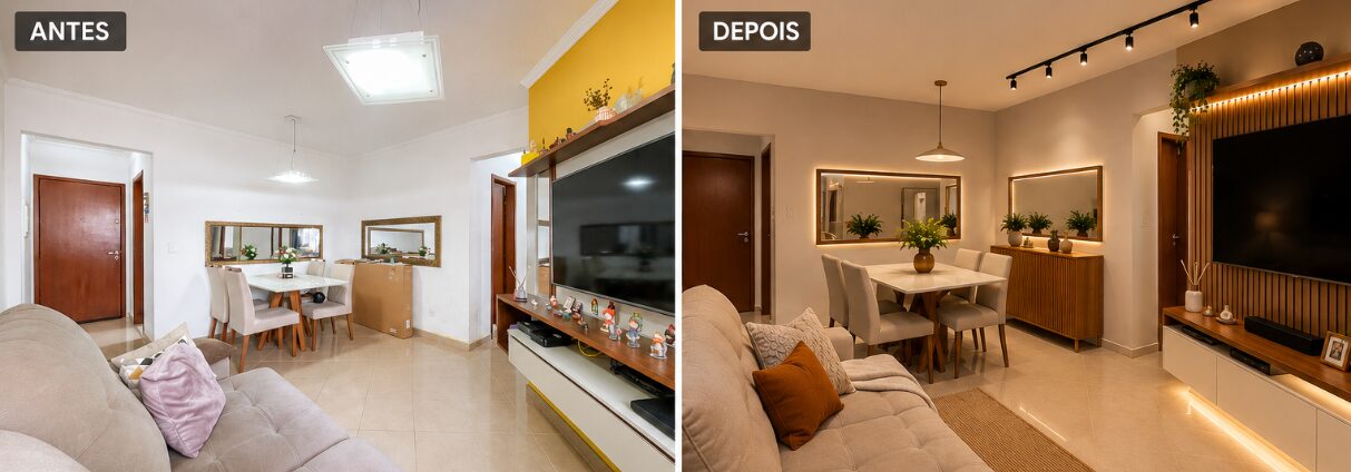 Sala de jantar antes e depois, de parede amarela para painel ripado com espelhos e iluminação