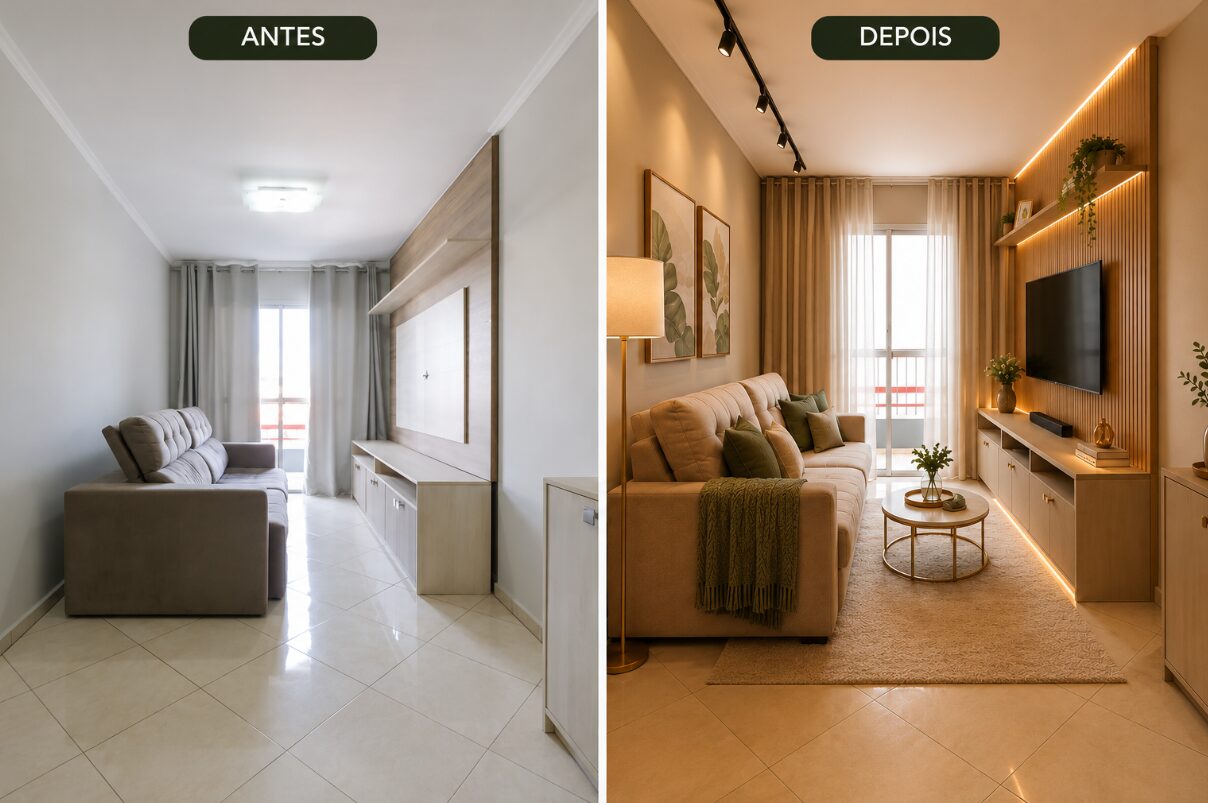 Sala estreita antes e depois, de ambiente vazio para estar aconchegante com tapete e iluminação