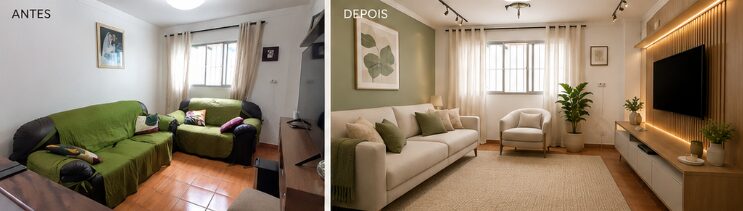 Sala de estar antes e depois: de sofás verdes escuros para estar neutro com painel ripado