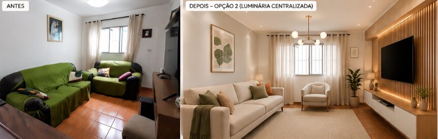 Mesma sala com proposta alternativa de luminária centralizada