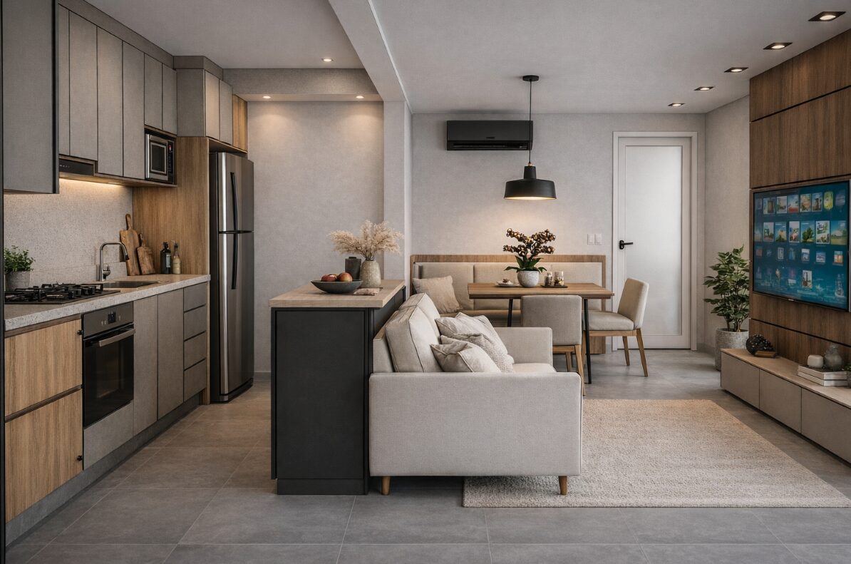 Apartamento compacto com cozinha, sala e jantar integrados em planta pequena