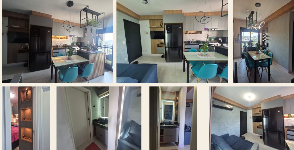 Apartamento integrado com cozinha, sala de jantar e cadeiras verde-água
