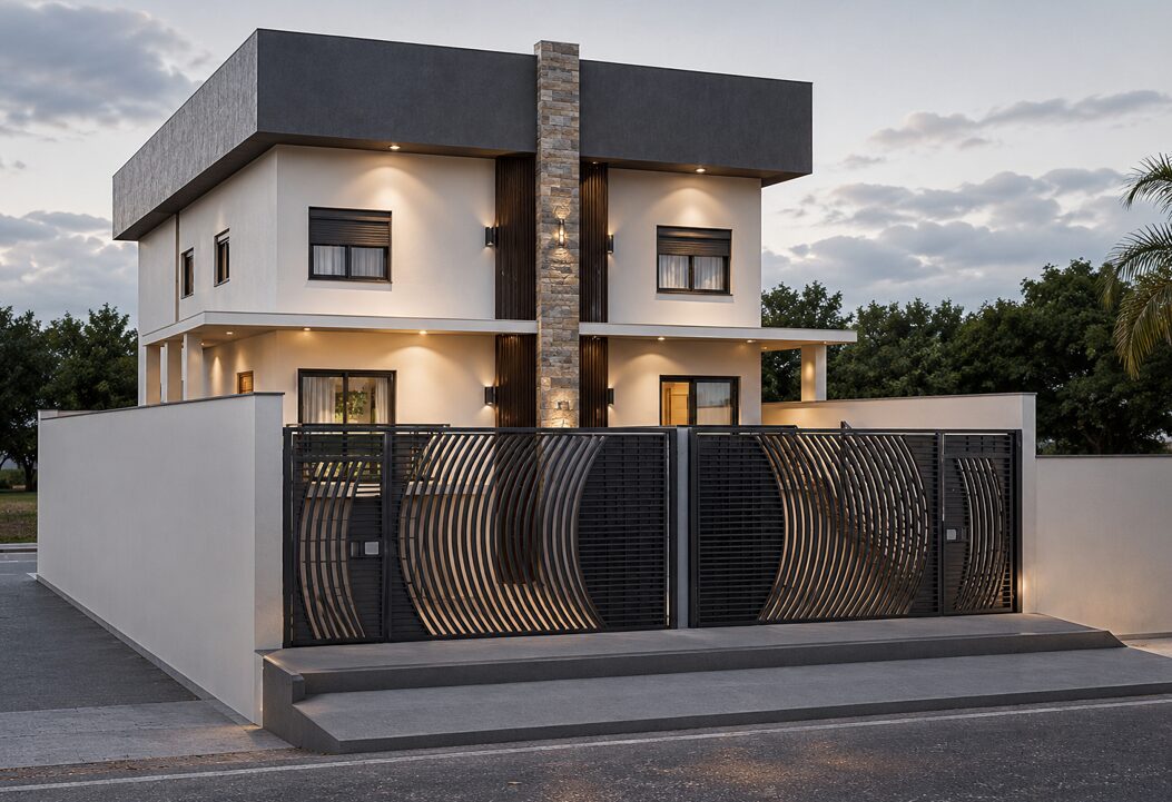 Fachada de casa contemporânea com portão em réguas curvas e iluminação embutida