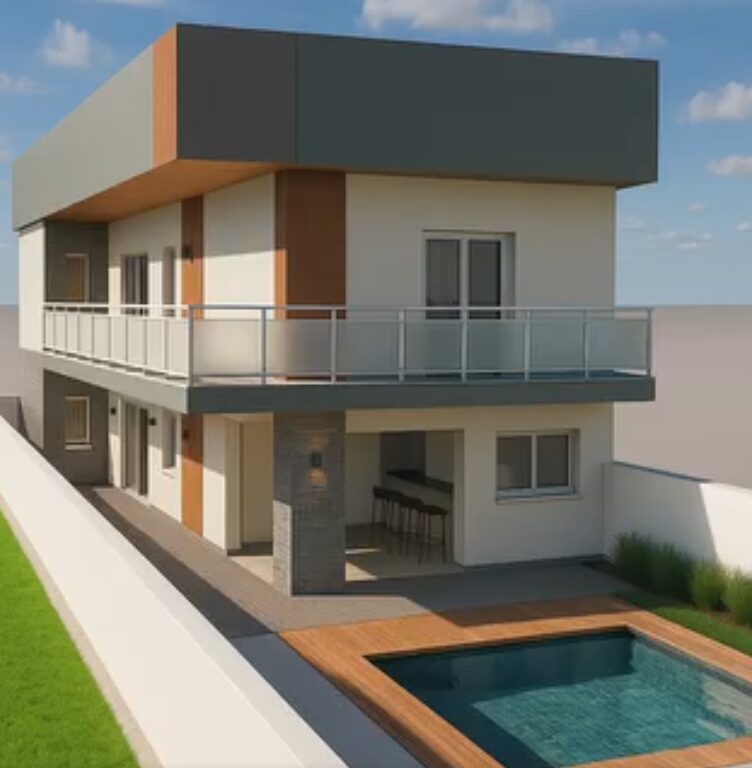 Fachada de casa moderna de dia, com piscina, deck de madeira e volumetria em tons cinza e branco