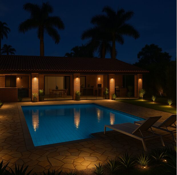 Piscina iluminada à noite na Chácara Konquista, com varanda em tijolo aparente ao fundo