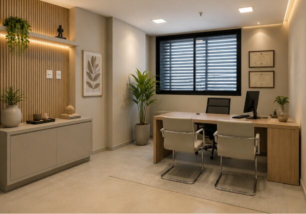 Sala de atendimento de consultório com mesa de trabalho, plantas e diplomas emoldurados