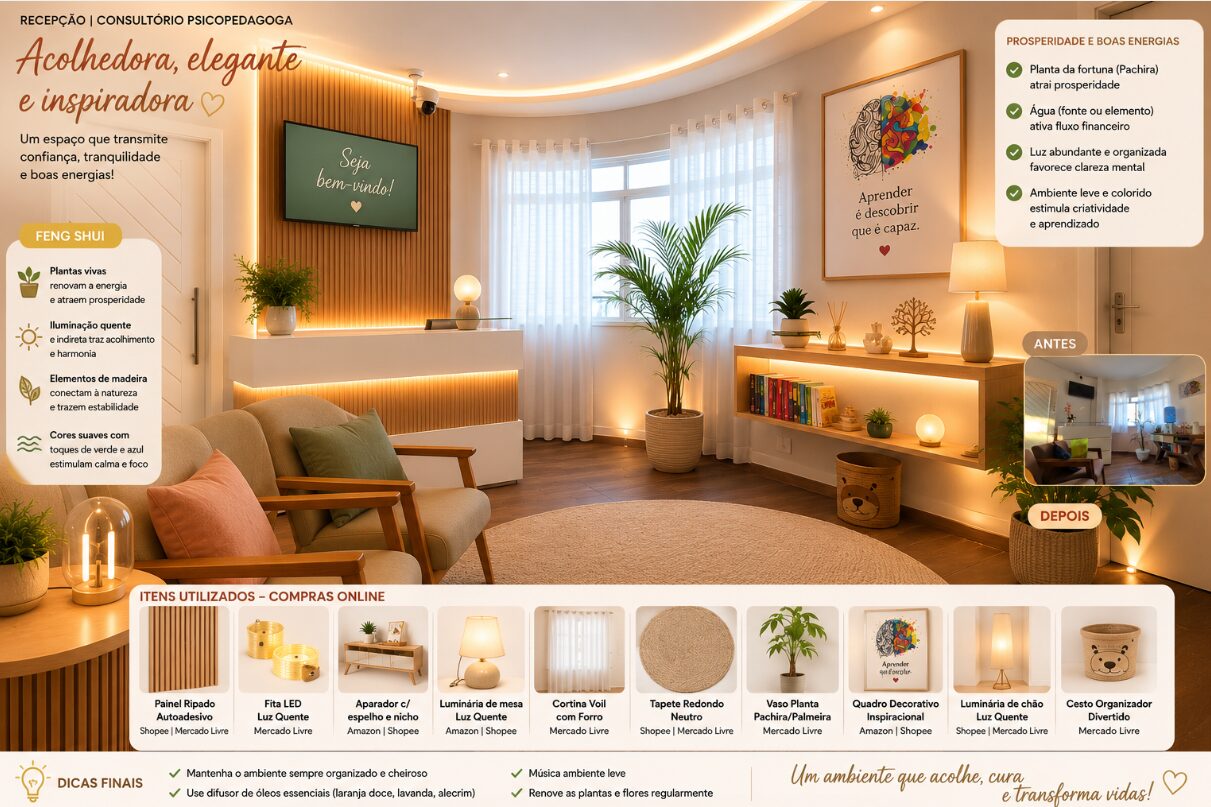 Recepção de consultório de psicopedagoga com painel ripado e elementos de Feng Shui para prosperidade
