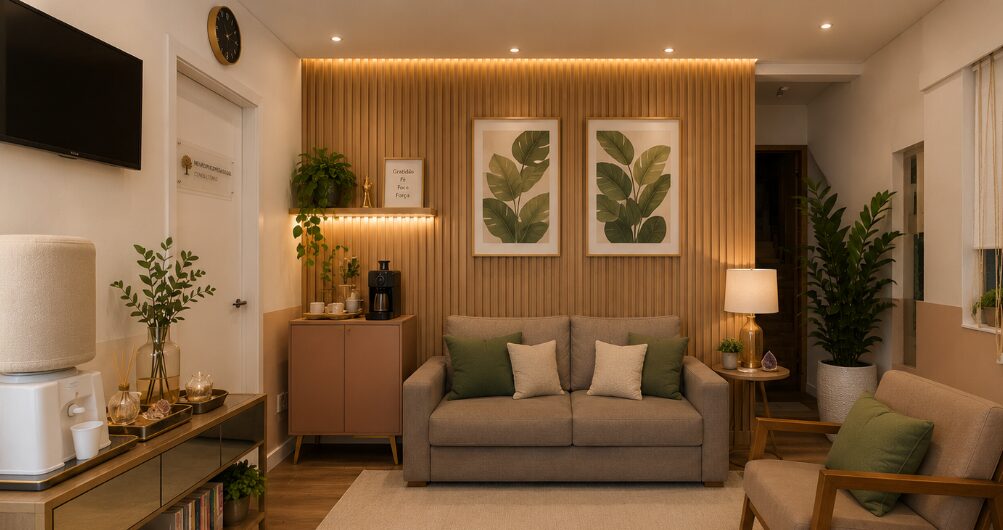 Sala de espera de consultório com sofá, plantas e iluminação aconchegante