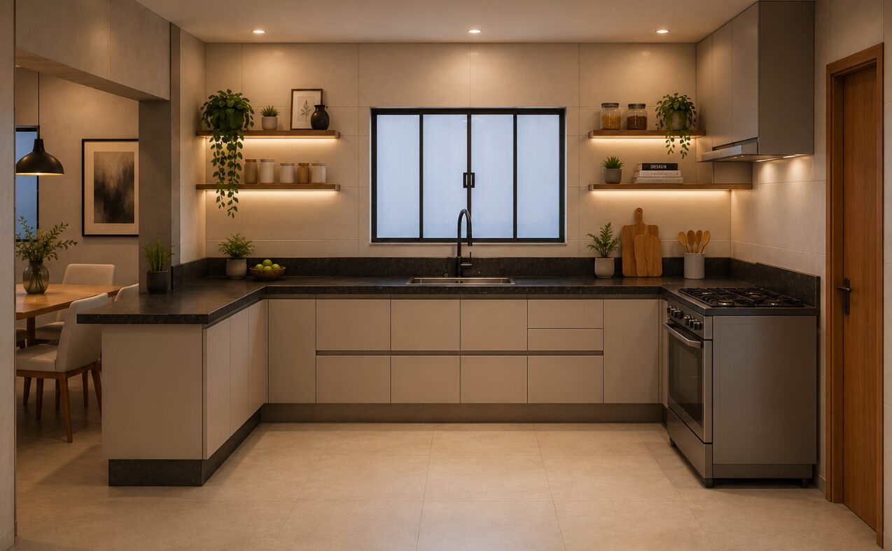 Cozinha planejada em L com bancada preta e prateleiras iluminadas