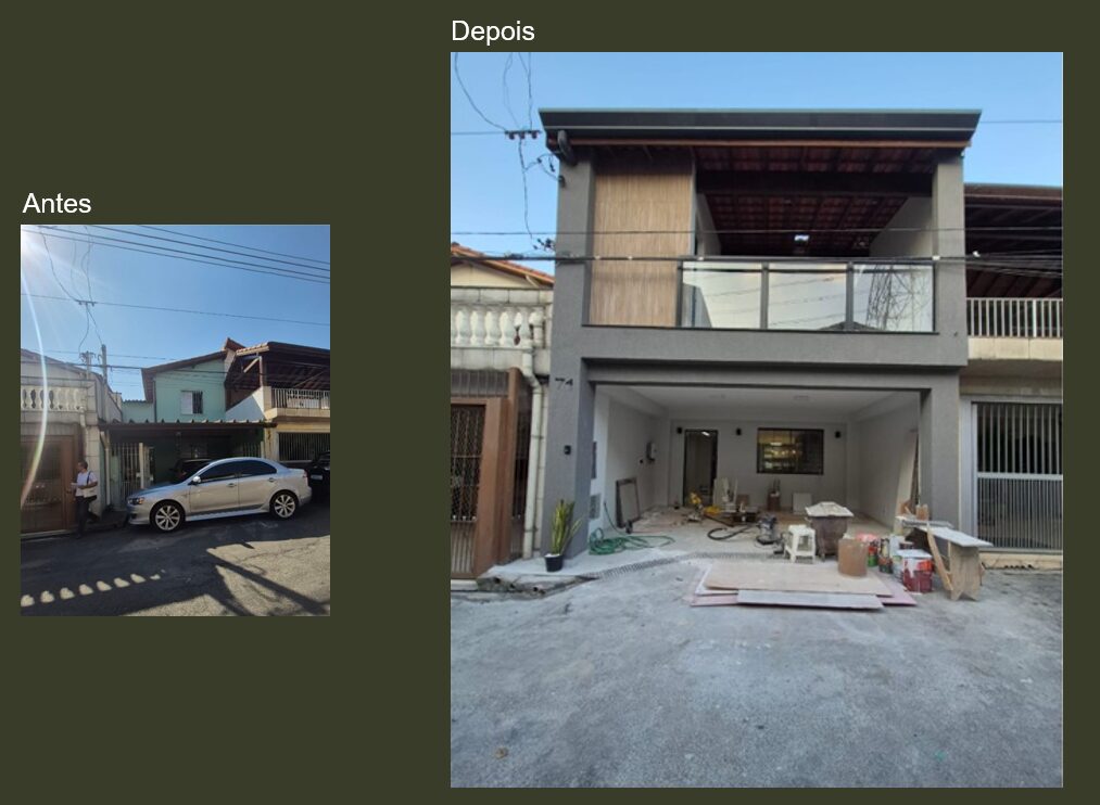 Fachada antes e depois: de casa simples a sobrado com varanda e vidro