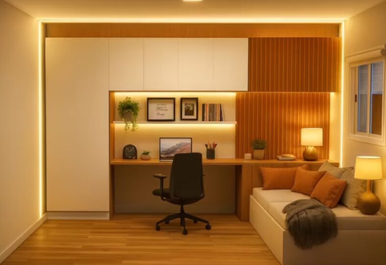 Home office planejado com marcenaria embutida e iluminação em LED