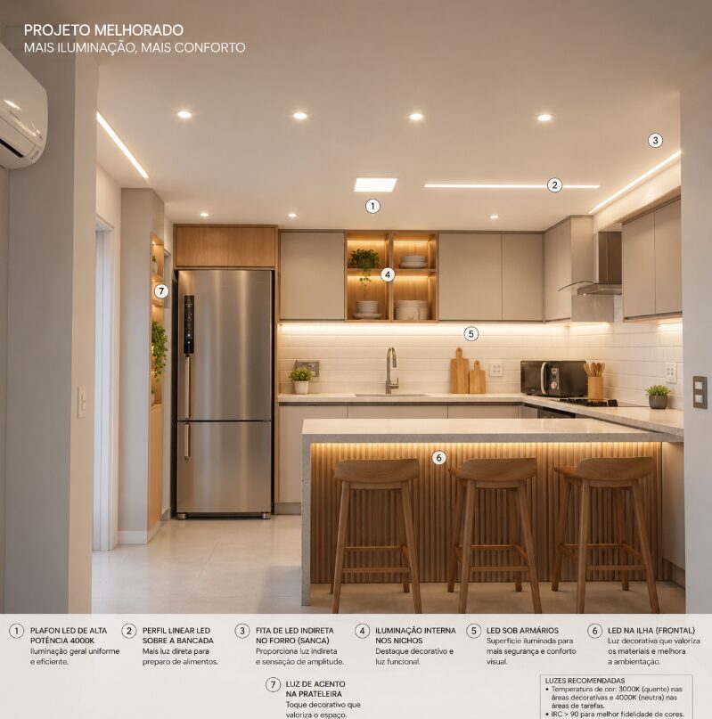 Diagrama técnico de iluminação de cozinha com pontos de LED numerados