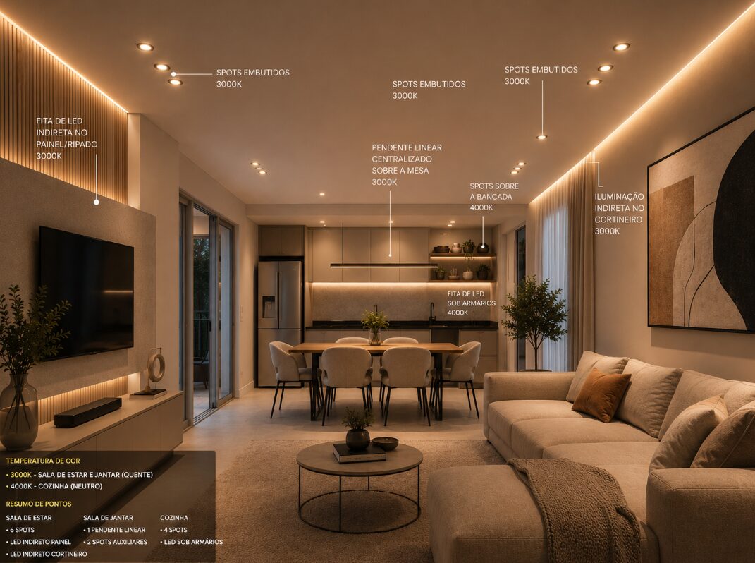 Diagrama técnico de iluminação de sala integrada com pontos de spots e fita de LED indicados