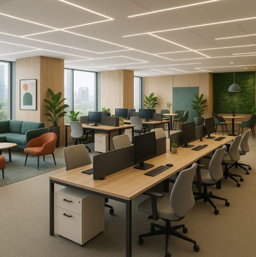 Escritório corporativo com estações de trabalho, parede verde e área de estar