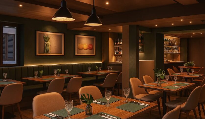 Salão de restaurante com paredes verdes, bancos estofados e iluminação pendente