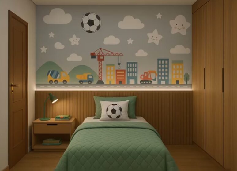 Quarto infantil temático com papel de parede de construção civil e marcenaria planejada