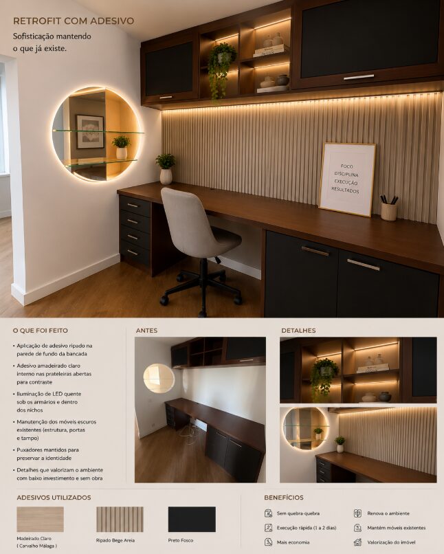 Home office retrofit com adesivo ripado e espelho redondo com LED