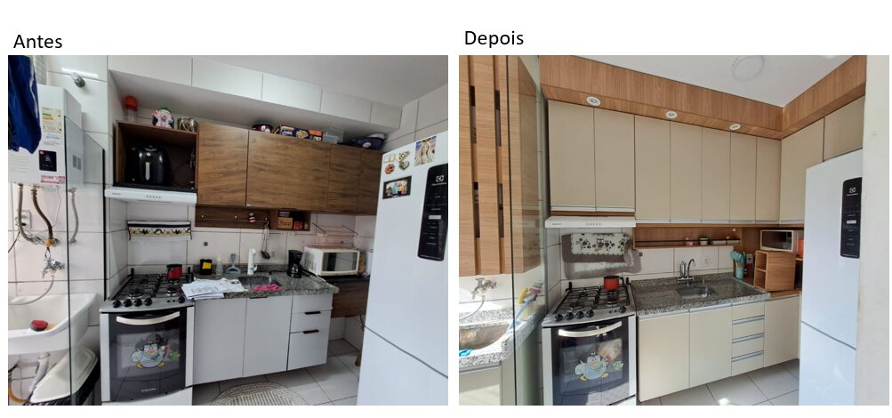 Cozinha antes e depois do retrofit, com nova marcenaria em tom amadeirado