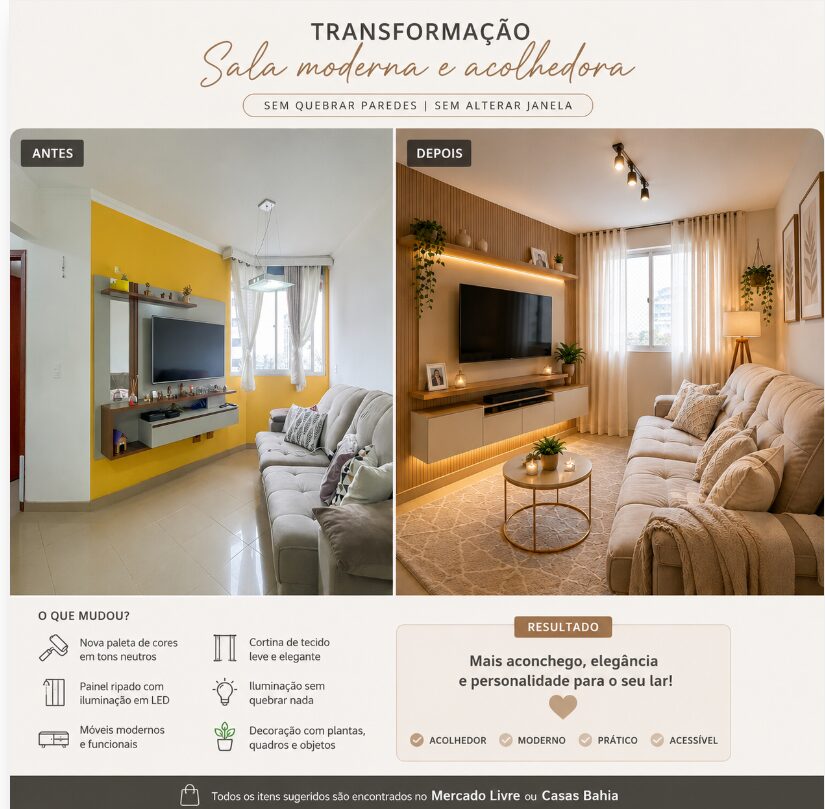 Sala antes e depois do retrofit, de parede amarela para painel ripado com iluminação