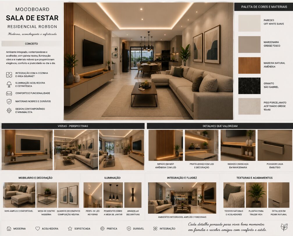 Moodboard da sala de estar do Residencial Robson, com marcenaria greige e iluminação cênica