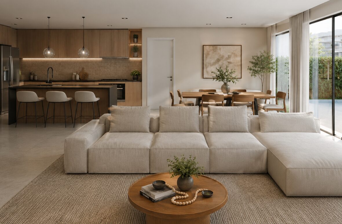 Sala de estar integrada à cozinha e jantar, com sofá bege amplo e vista para o jardim