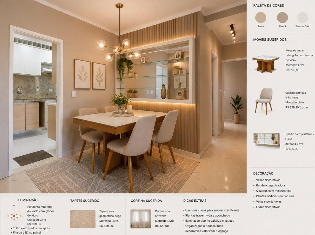 Sala de jantar com mesa de tampo de vidro, cadeiras estofadas e espelho com prateleiras iluminadas