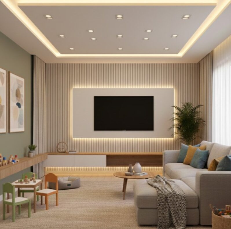Sala de TV com espaço de recreação infantil, parede verde e painel ripado